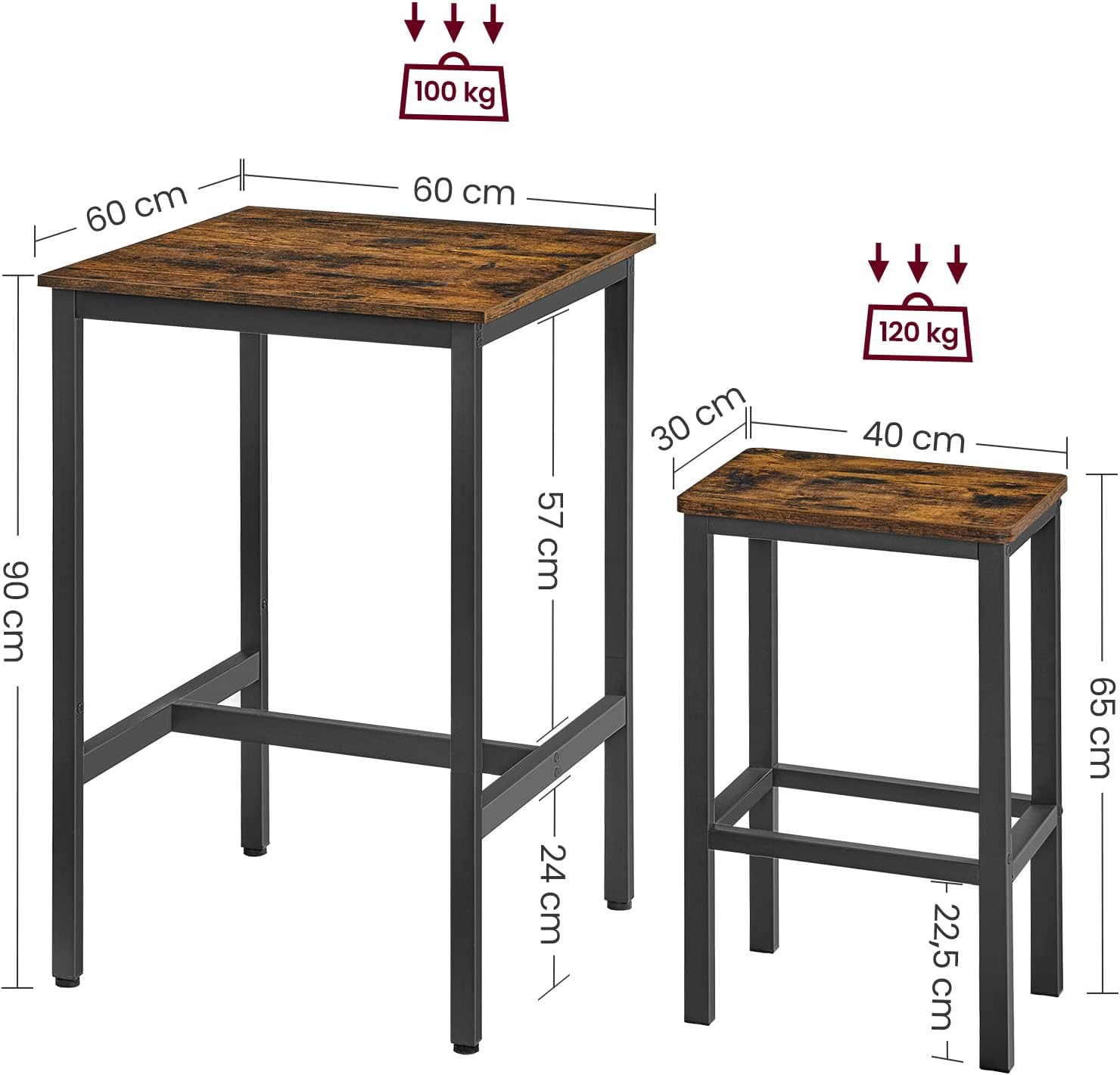 Detalle de VASAGLE Tavolo Bar con 2 Sgabelli – Set cucina compatto 60x60x90 cm, Marrone Vintage e Nero LBT017B01
