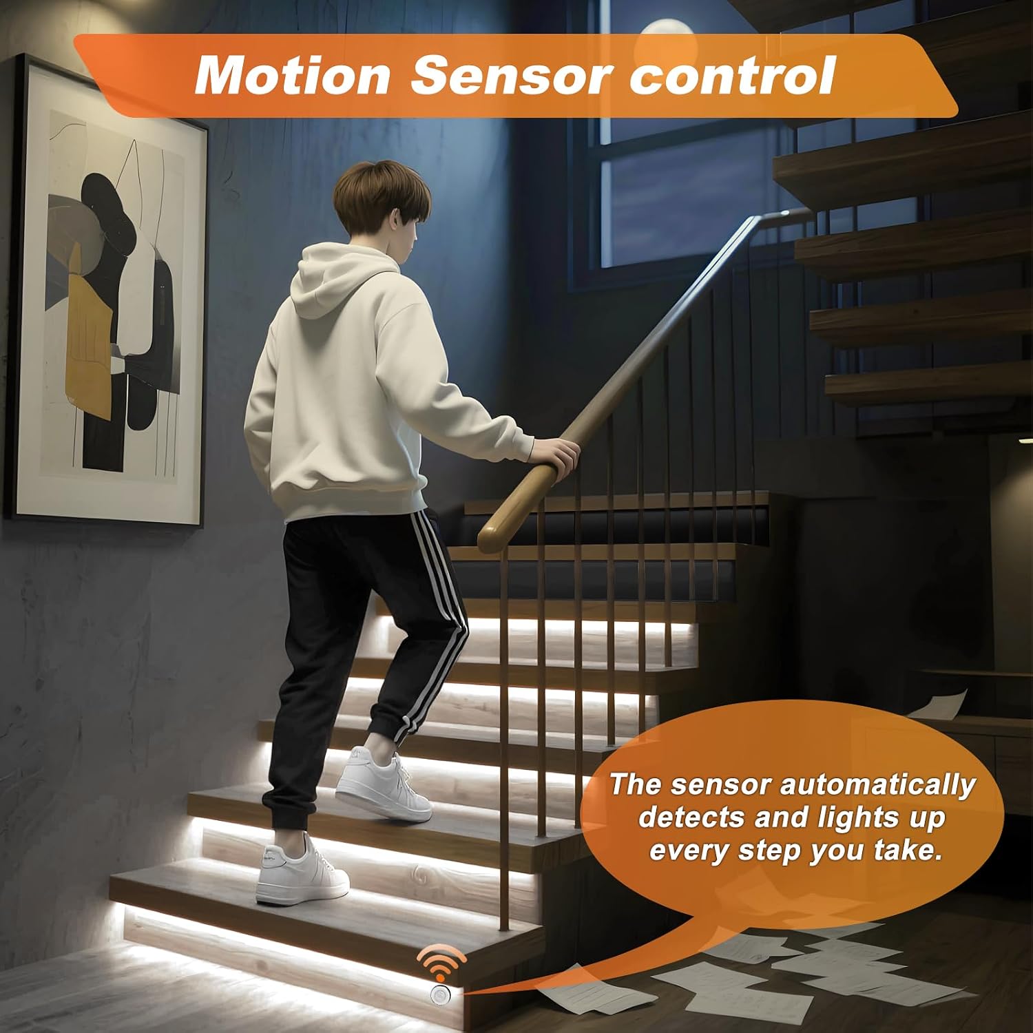 Detalle de MALIIGAZA Smart Treppenbeleuchtung 20 Stufen – COB LED Lichtband mit Bewegungsmelder, 6000 K, einfache Installation