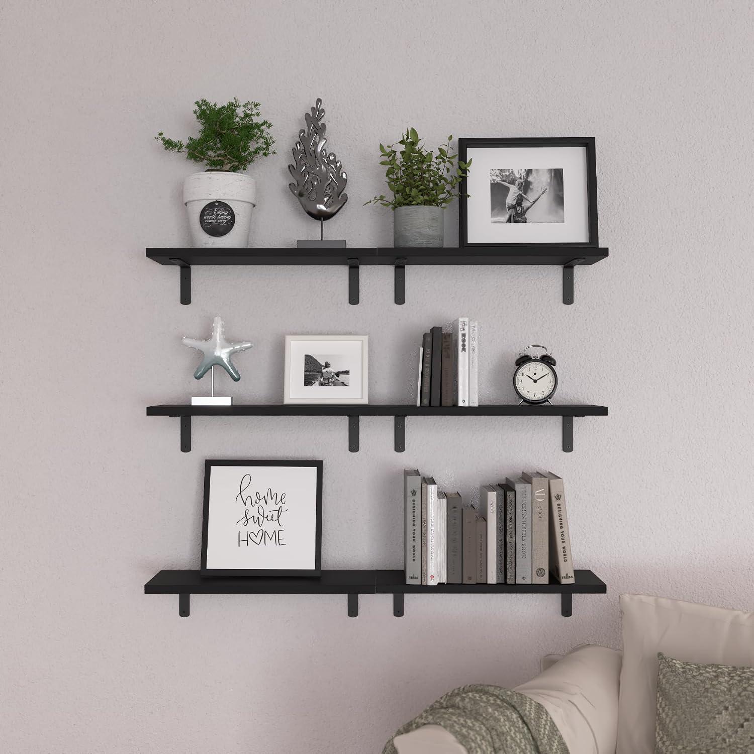Detalle de WOPITUES Wood Floating Shelves Set of 6 — Black, 16.5 x 6 x 0.6 in, Farmhouse Wall Storage