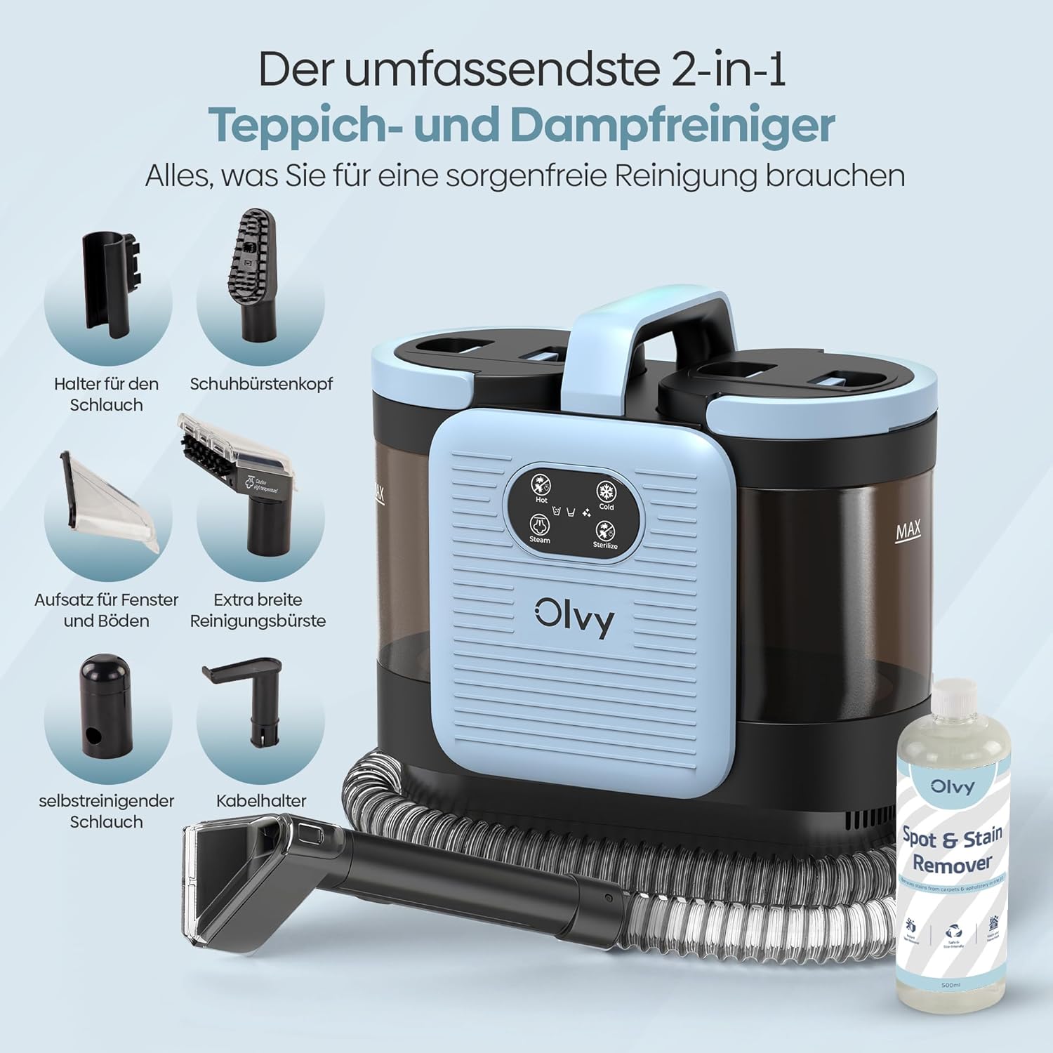 Detalle de Olvy Teppichreiniger PRO – Nasssauger & Dampfreiniger für Polster, Matratzen und mehr