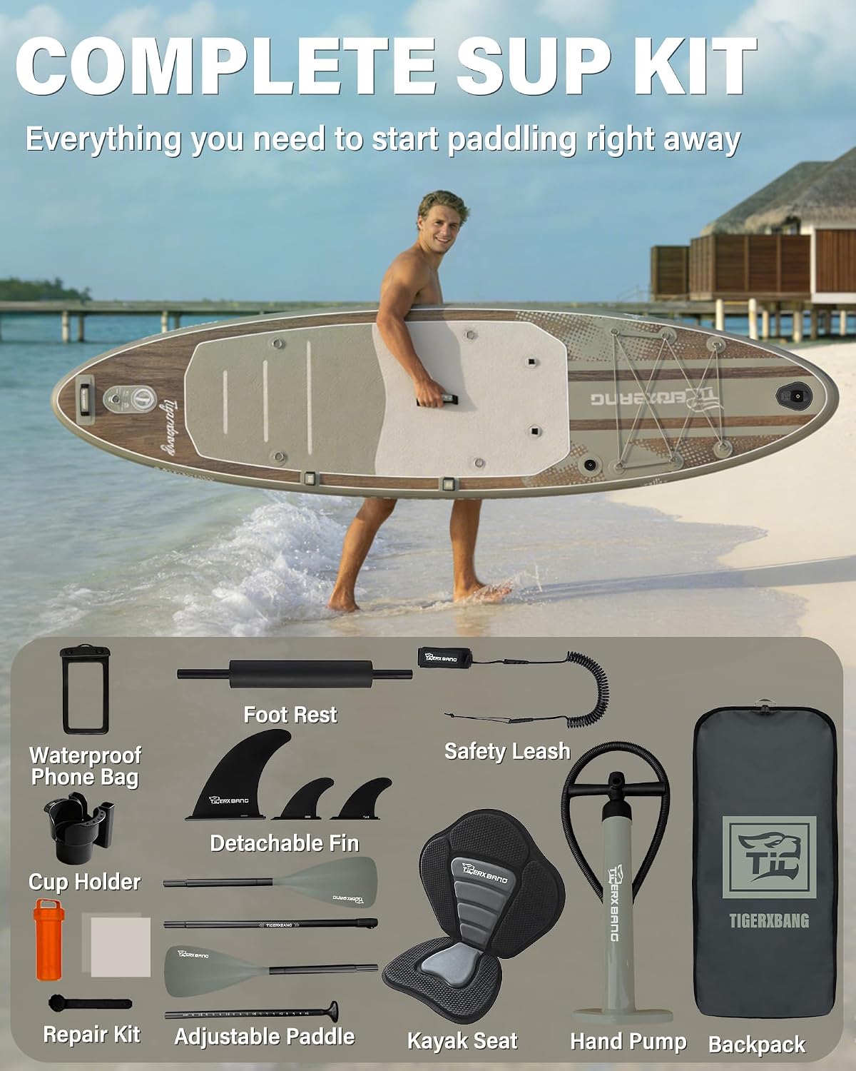 Detalle de TIGERXBANG Inflatable Stand Up Paddle Board with Kayak Seat – 11’ x 34” and Full Accessory Pack