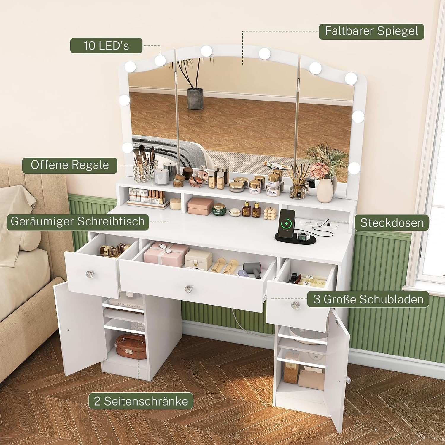 Thumbnail 1 de FIONESO STA007WDN kaptafel met spiegel, 10 ledlampen en 5 laden, wit