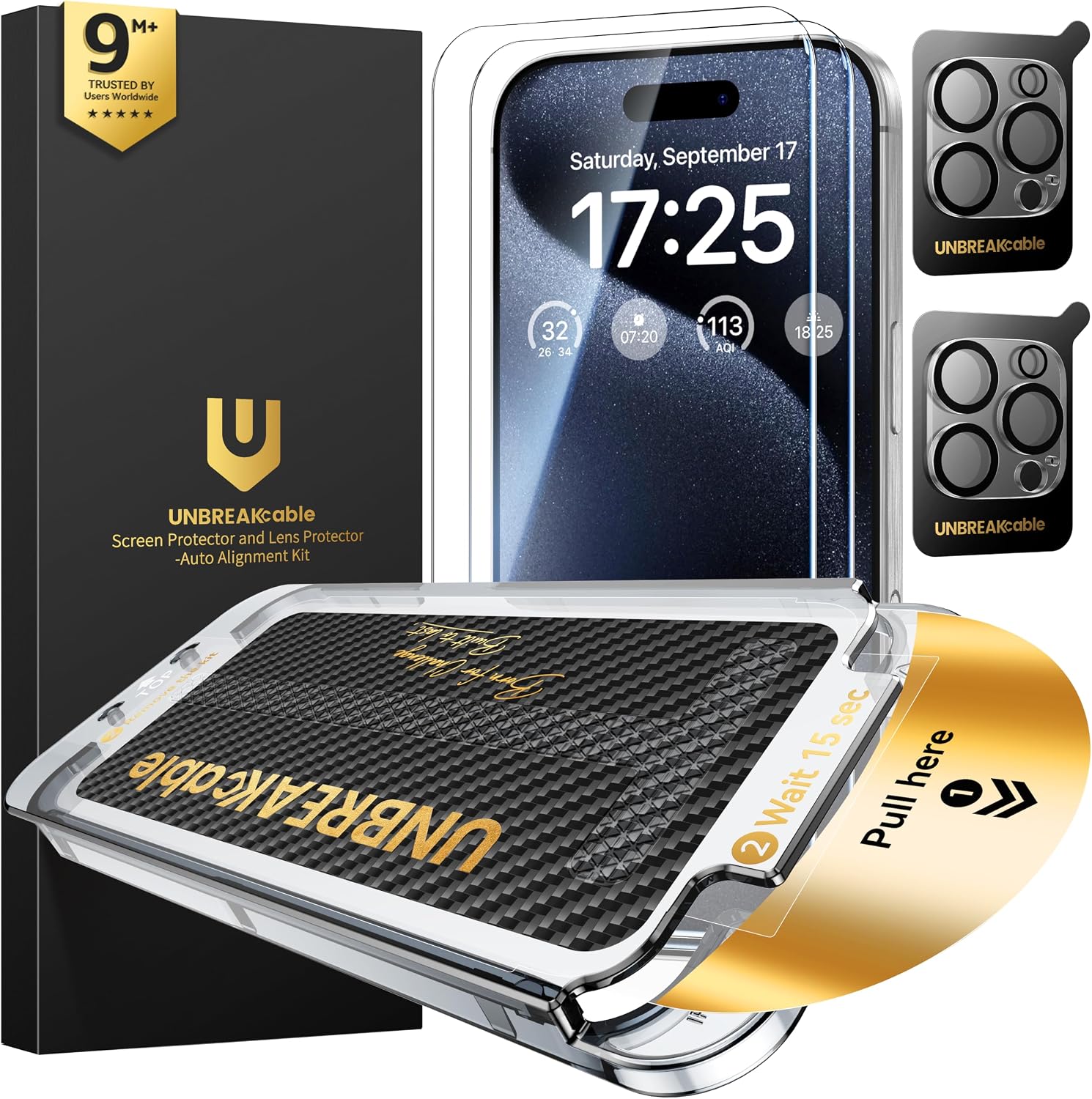 Detalle de UNBREAKcable Top 9H+ Screen Protector for iPhone 15 Pro (2+2 Pack) with Lens Protectors