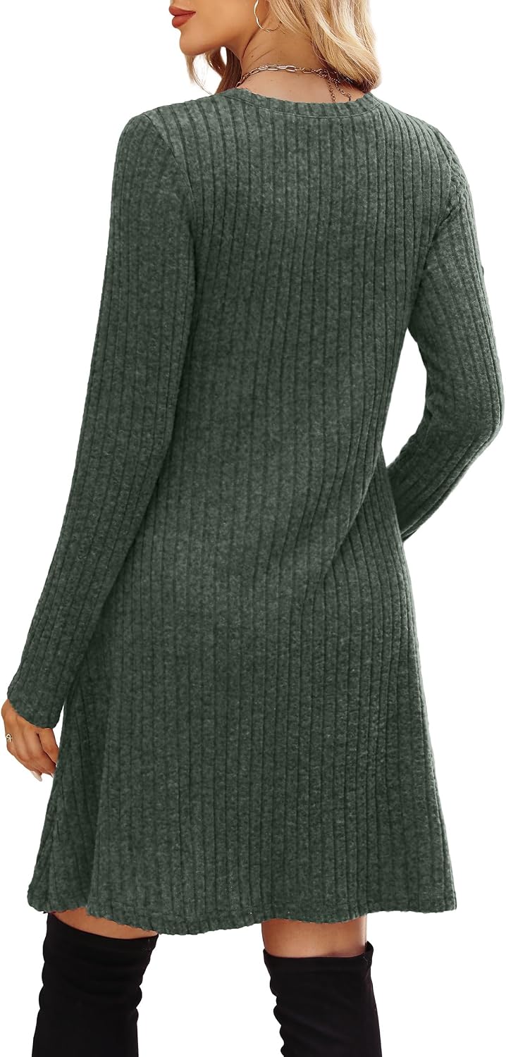 Detalle de OFEEFAN Long Sleeve Dress for Women, Empire Waist, Crew Neck, Pockets