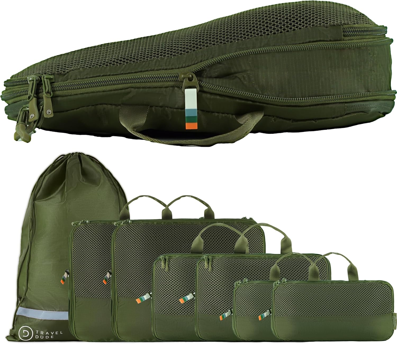 Detalle de TRAVEL DUDE Organizer valigia con compressione e packing cubes (set da 7) Verde Foresta