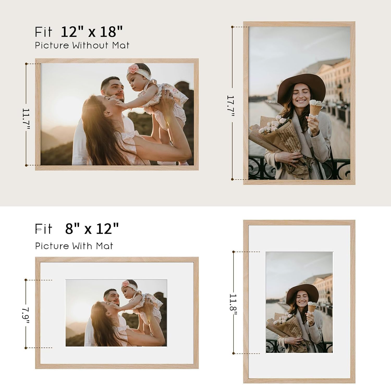 Detalle de puthiac 12x18 Solid Oak Wood Picture Frame (8x12 with Mat / 12x18 without Mat) – Wall Display