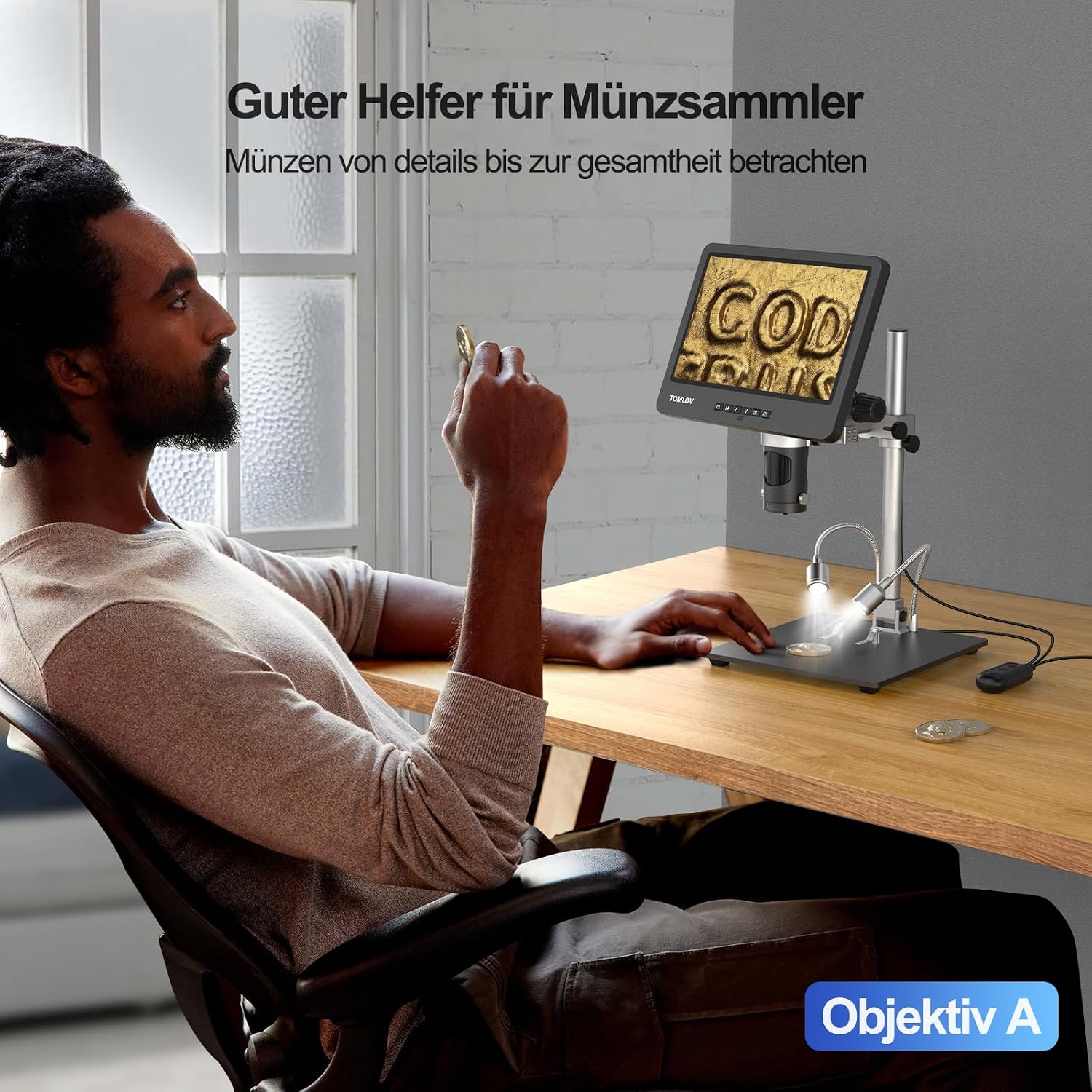 Thumbnail 6 de TOMLOV DM602 Pro 10,1 Zoll Mikroskop mit 3 Objektiven – 2K HDMI, 144 LED Ringlicht, 64GB Karte, Stativ, USB/TV-Kompatibel