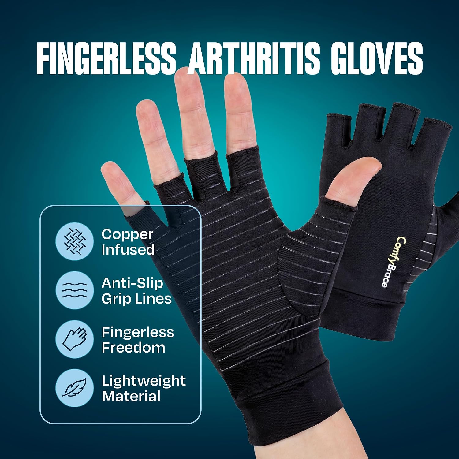 Detalle de ComfyBrace 1 Copper Arthritis Compression Gloves, Fingerless Nylon-Spandex