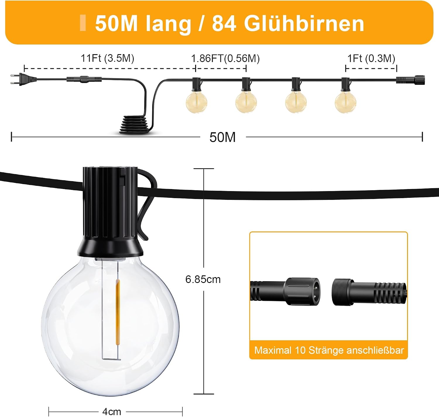 Detalle 2 de Lichterkette Led Außen Strom Outdoor – 54 m, 82 LEDs G40, IP54, wetterfest