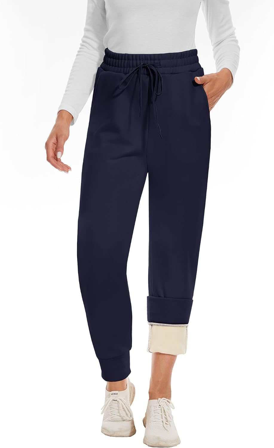 Detalle de CAMPSNAIL Fleece-Lined Women's Joggers, High-Waisted with Pockets, Black