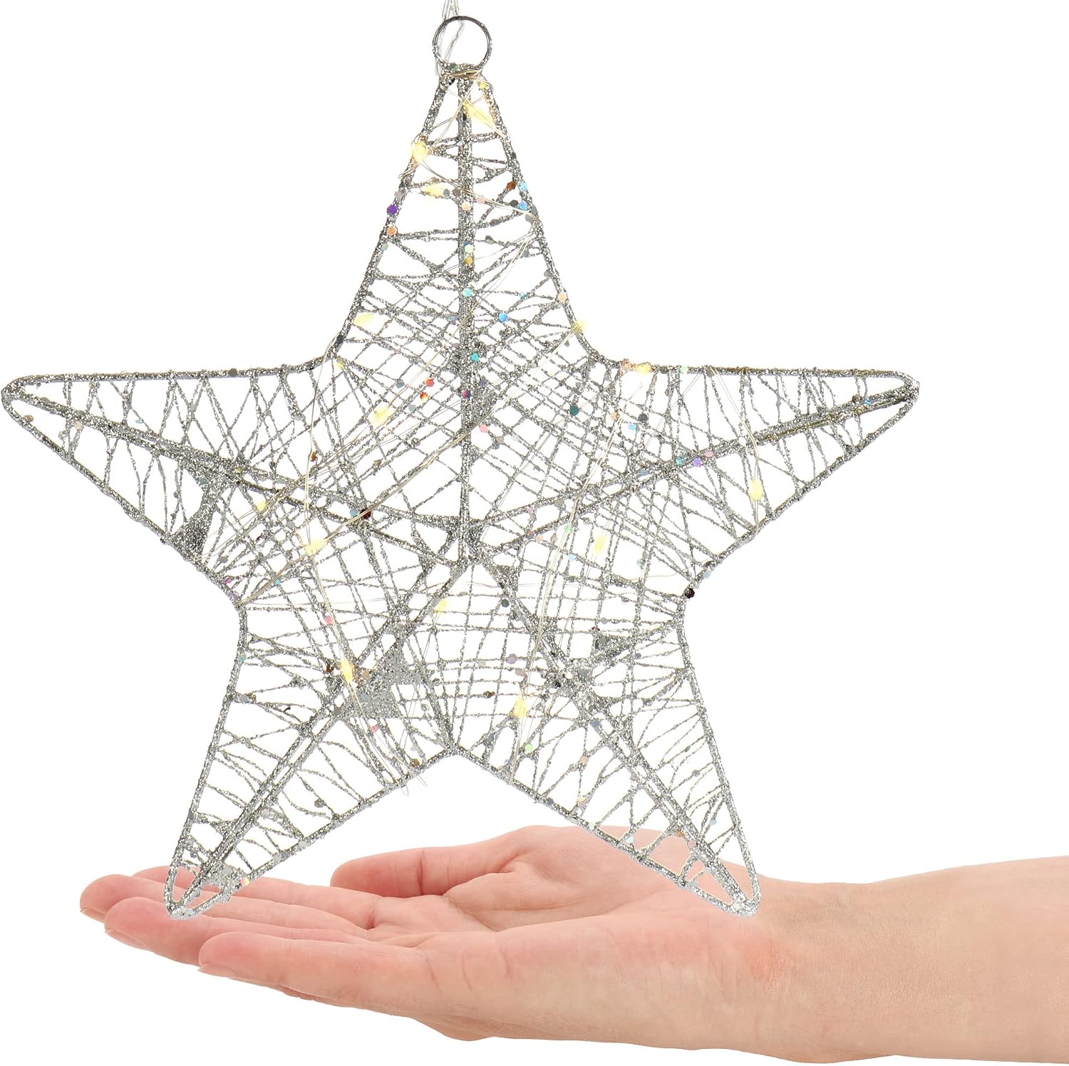 Detalle de COM-FOUR® déco LED étoile Noël – Étoile suspendue argentée à paillettes avec minuterie