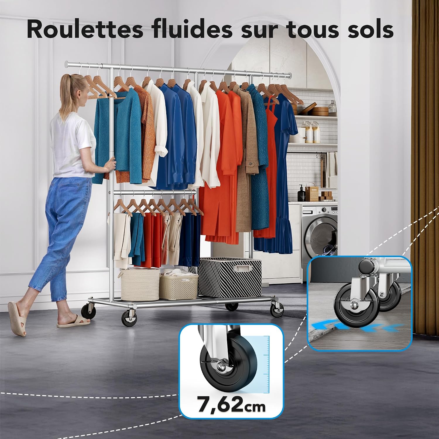 Detalle de HOKEEPER porte-vêtements sur roulettes à 2 niveaux, structure chromée argent (charge 150 kg)