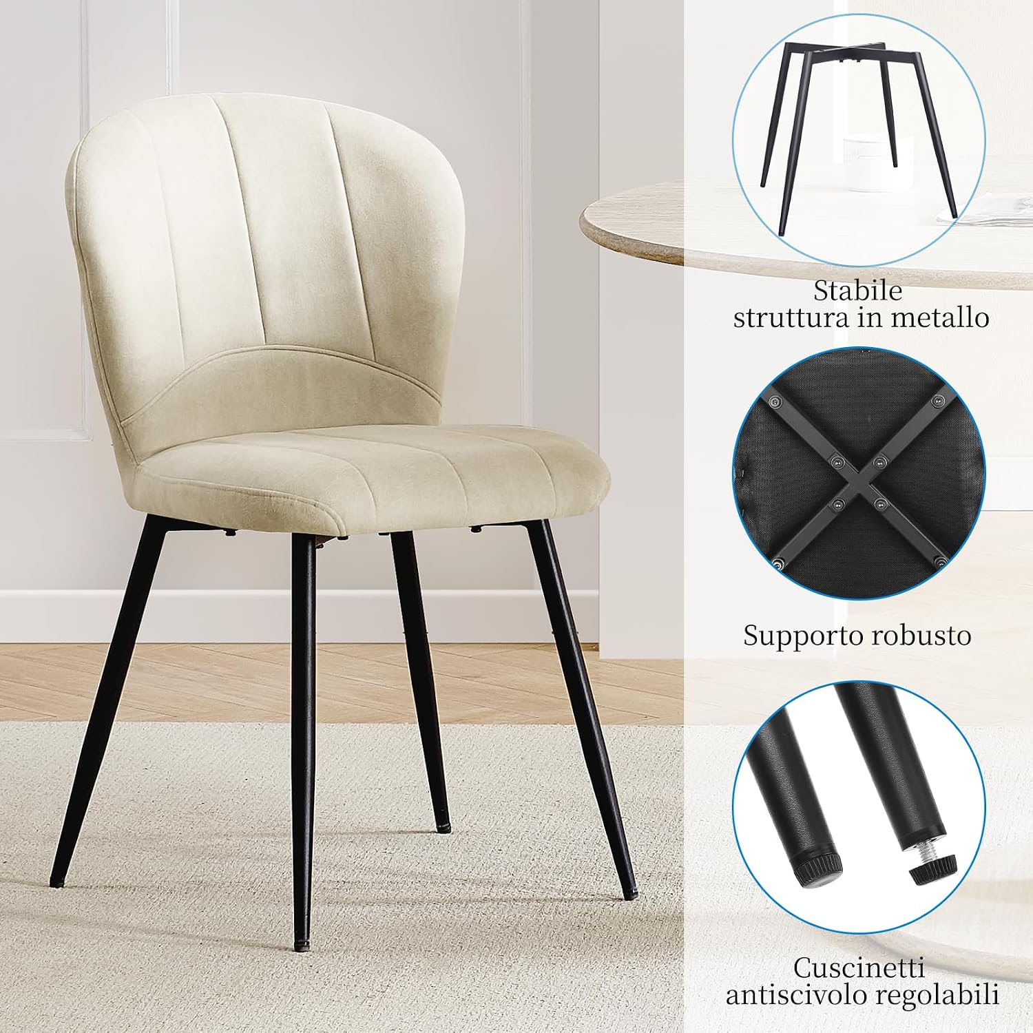 Thumbnail 4 de ANVOFONG Sedia da Pranzo Imbottita in velluto Beige – Set di 6, struttura in ferro robusto