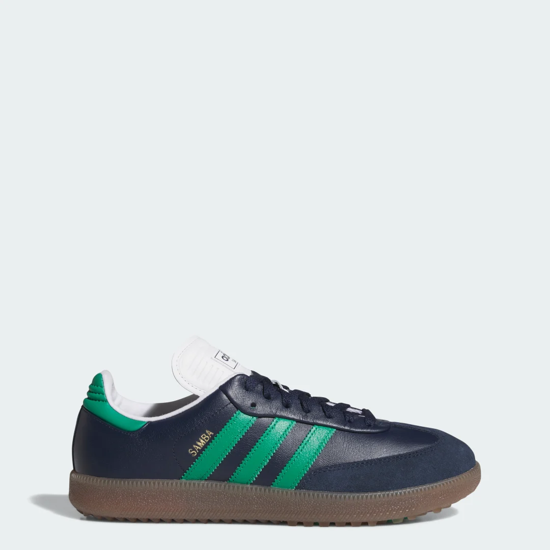Detalle de Adidas Samba Spikeless: Zapatilla de golf azul, comodidad sin clavos para el campo