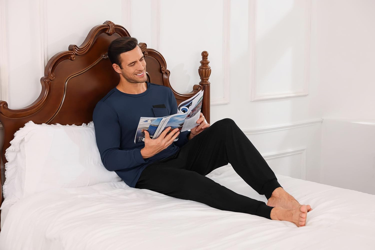 Thumbnail 4 de Uniexcosm Ensemble de Pyjama Homme Hiver en Coton à Manches Longues avec Poches contrastées