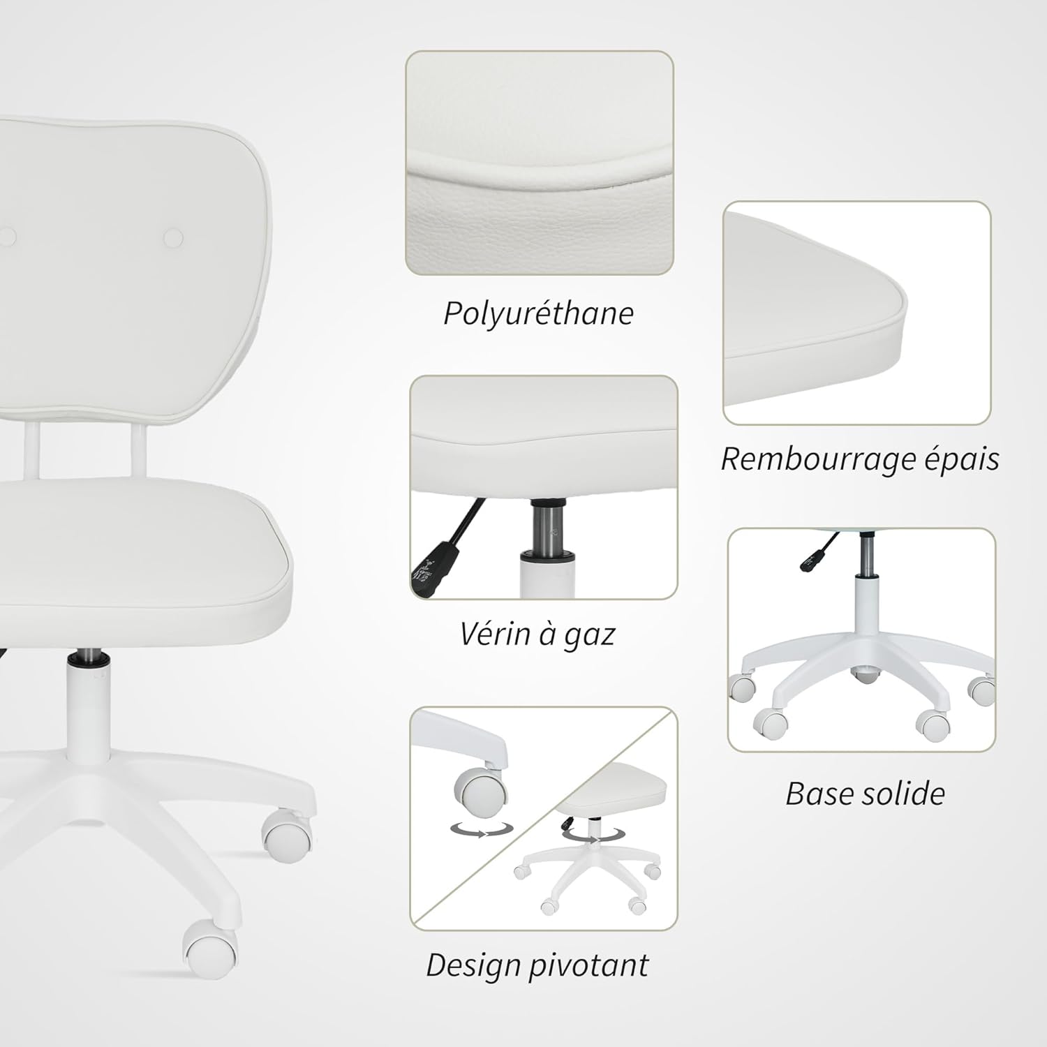 Thumbnail 4 de Vinsetto Chaise de bureau pivotante sans accoudoirs, dossier moyen et hauteur réglable (blanc)