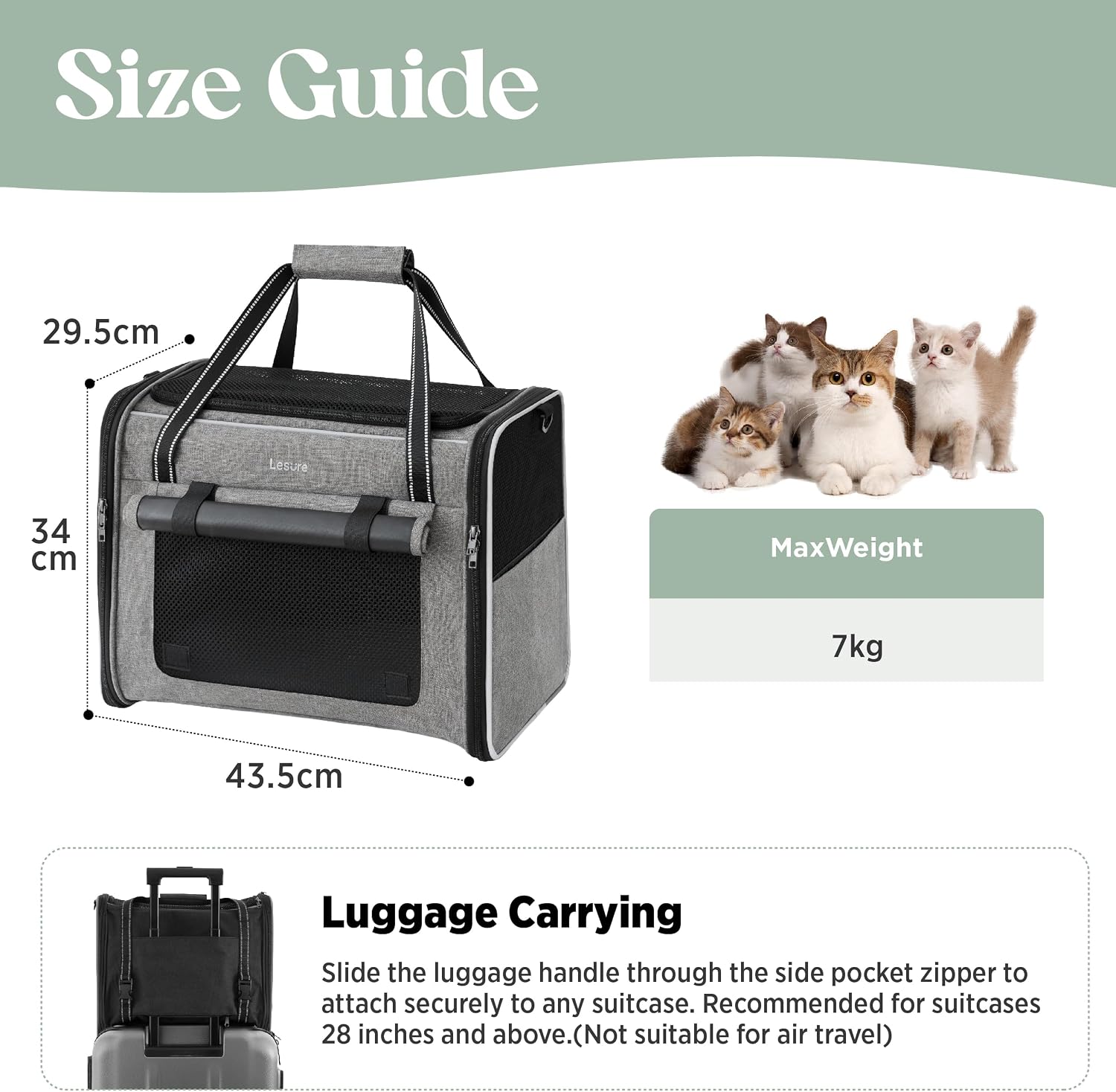 Detalle 2 de Lesure Faltbare Katzen Transportboxen für Reisen – formstabile, weiche Katzentransporttasche mit atmungsaktivem Mesh (43,5 × 29,5 × 34 cm, Hellgrau)