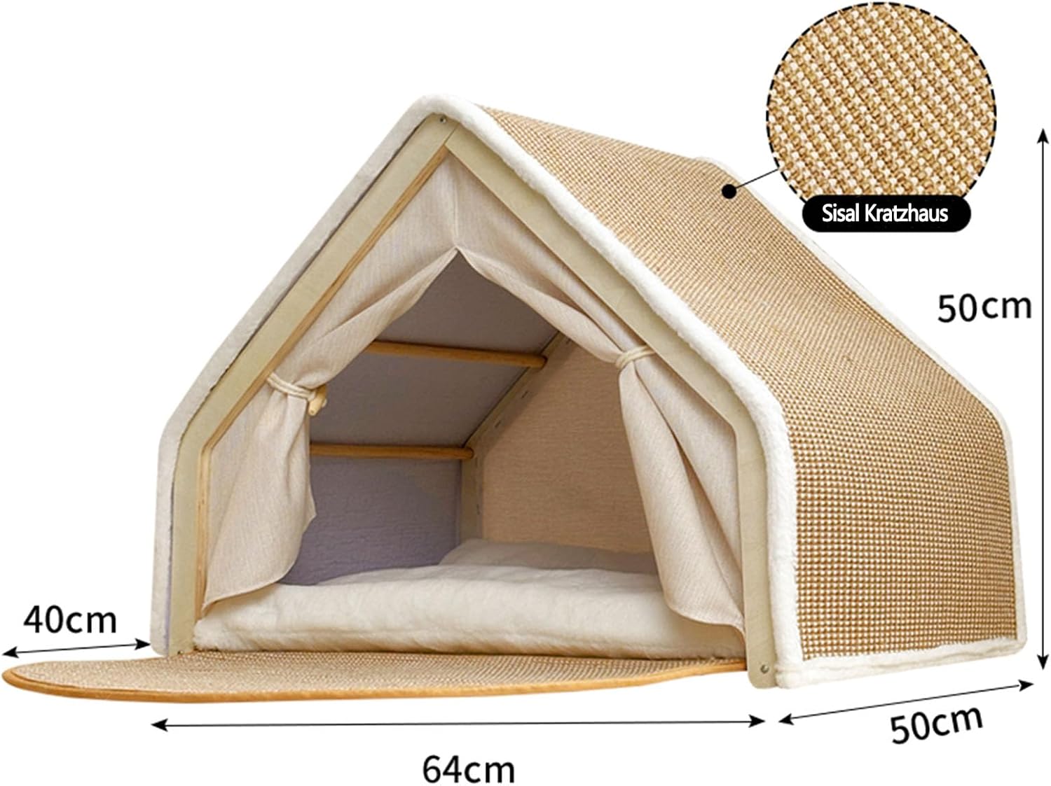 Detalle 2 de LUNNTE Katzenhaus „Katzenzelt Sisal Kratzhaus“ 2-in-1 aus Holz (Beige, 64x50x50)