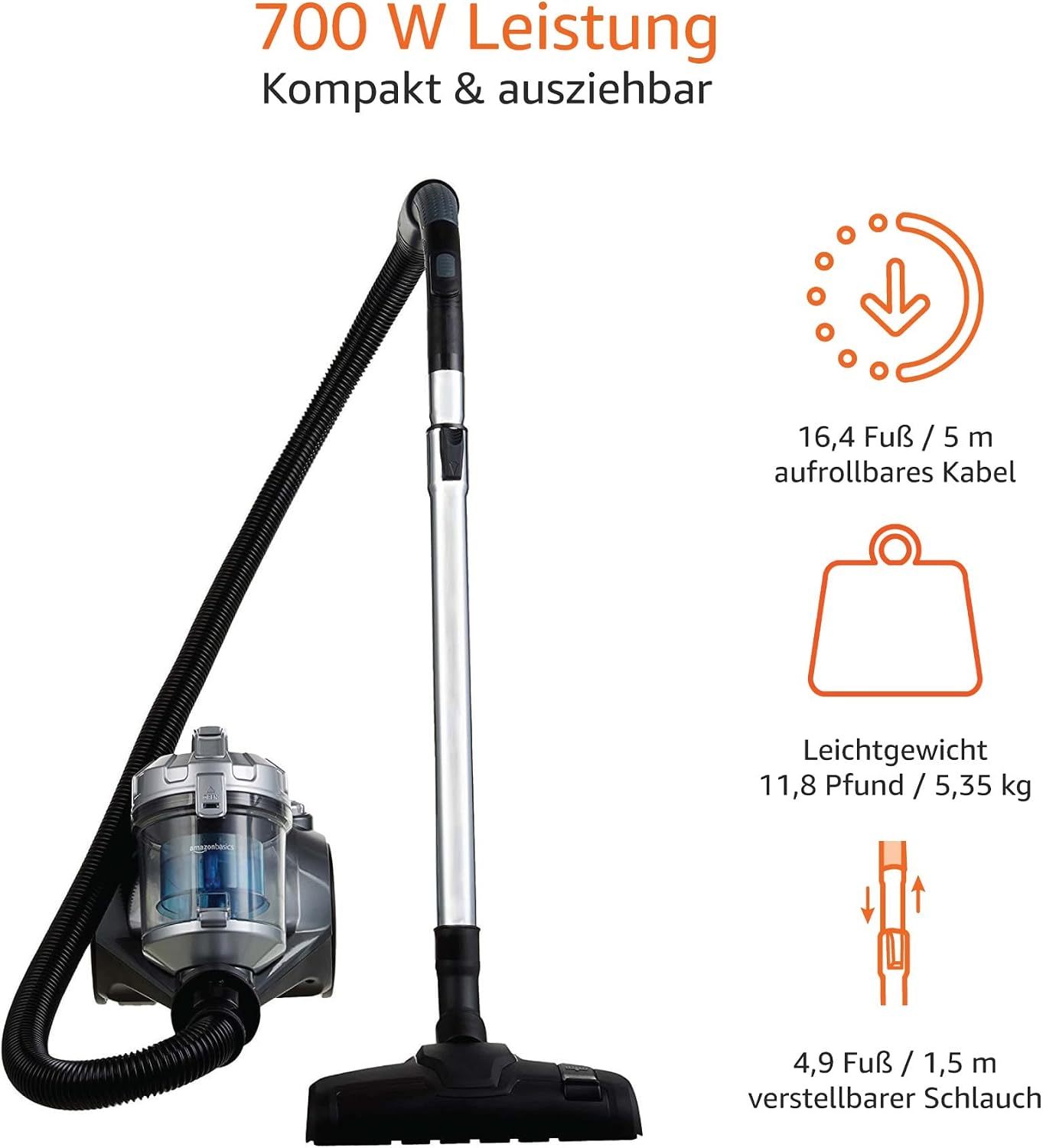 Detalle de Amazon Basics Zylinder-Staubsauger: leistungsstark, kompakt und beutellos