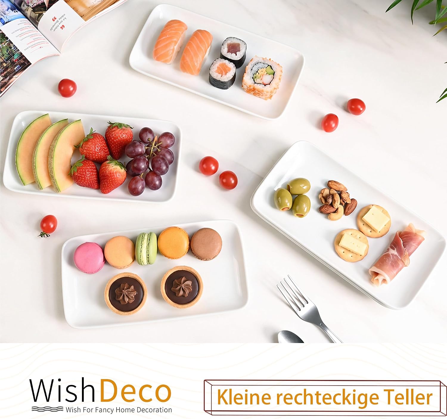 Thumbnail 1 de WishDeco 9IN-6PLATES Rectangular Ceramic Serving Plates, Set of 6, White