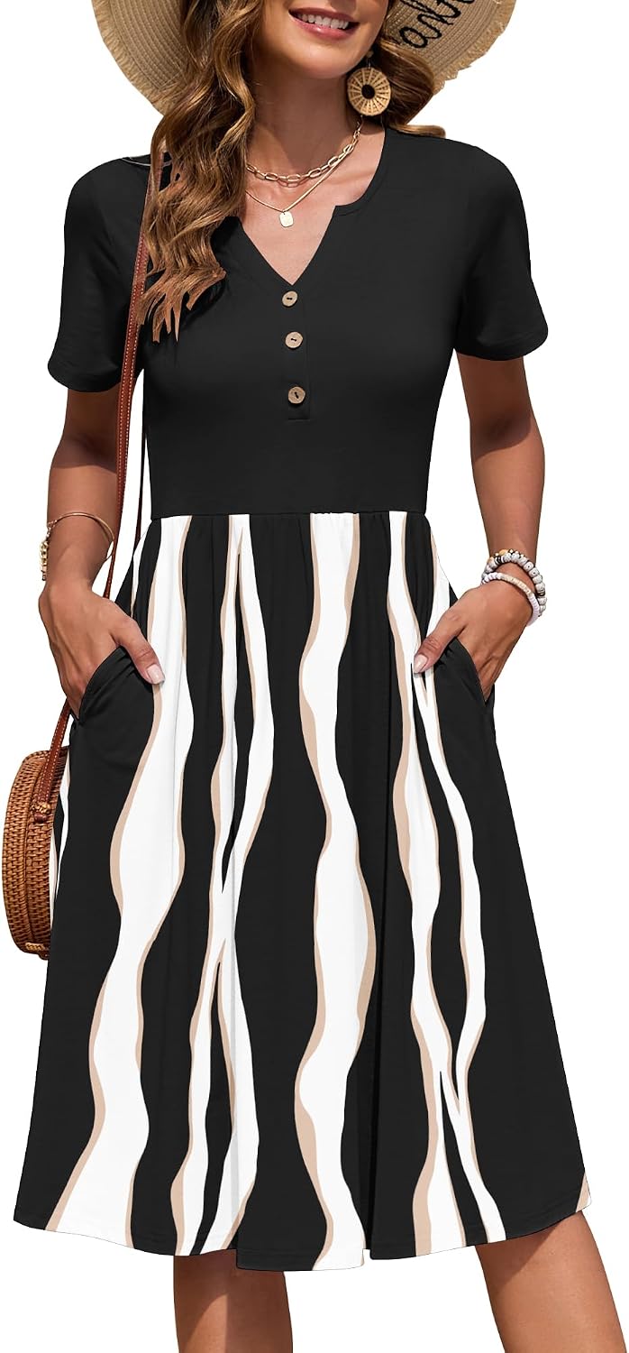 Thumbnail 6 de AUSELILY Damen Kurzarm Sommerkleid knielang mit V-Ausschnitt und Knöpfen – leichtes Freizeitkleid mit Taschen