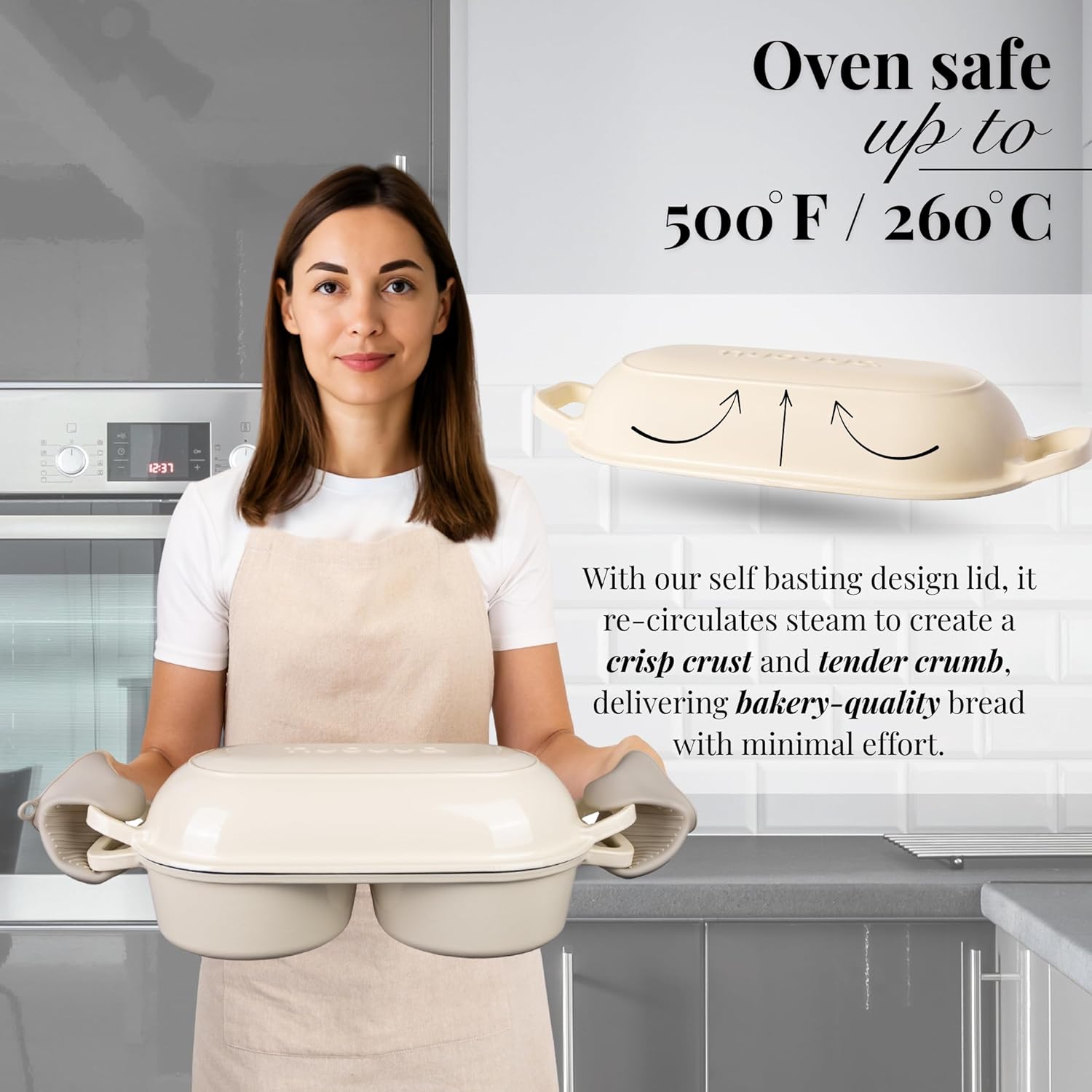 Detalle de Nuovva Dutch Oven for Sourdough Bread Baking: Enamelled Cast Iron Double Loaf Pot (16.5 cm each), Cream