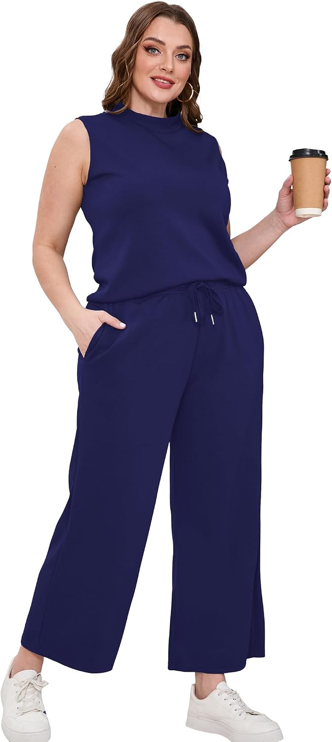 Detalle 2 de SAMPEEL Two-Piece Summer Lounge Set for Women: Mock Neck Crop Top & Wide-Leg Pants