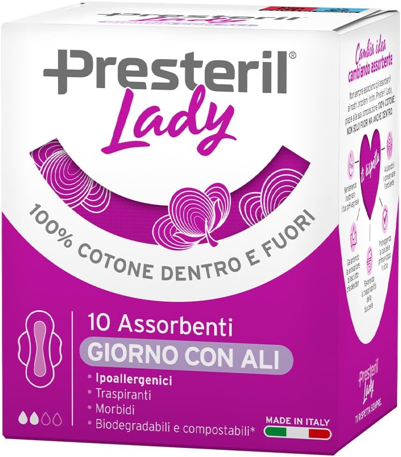 Detalle 2 de Presteril Lady Assorbenti Esterni Giorno con Ali in Cotone 100% Biodegradabile – 4 confezioni da 10