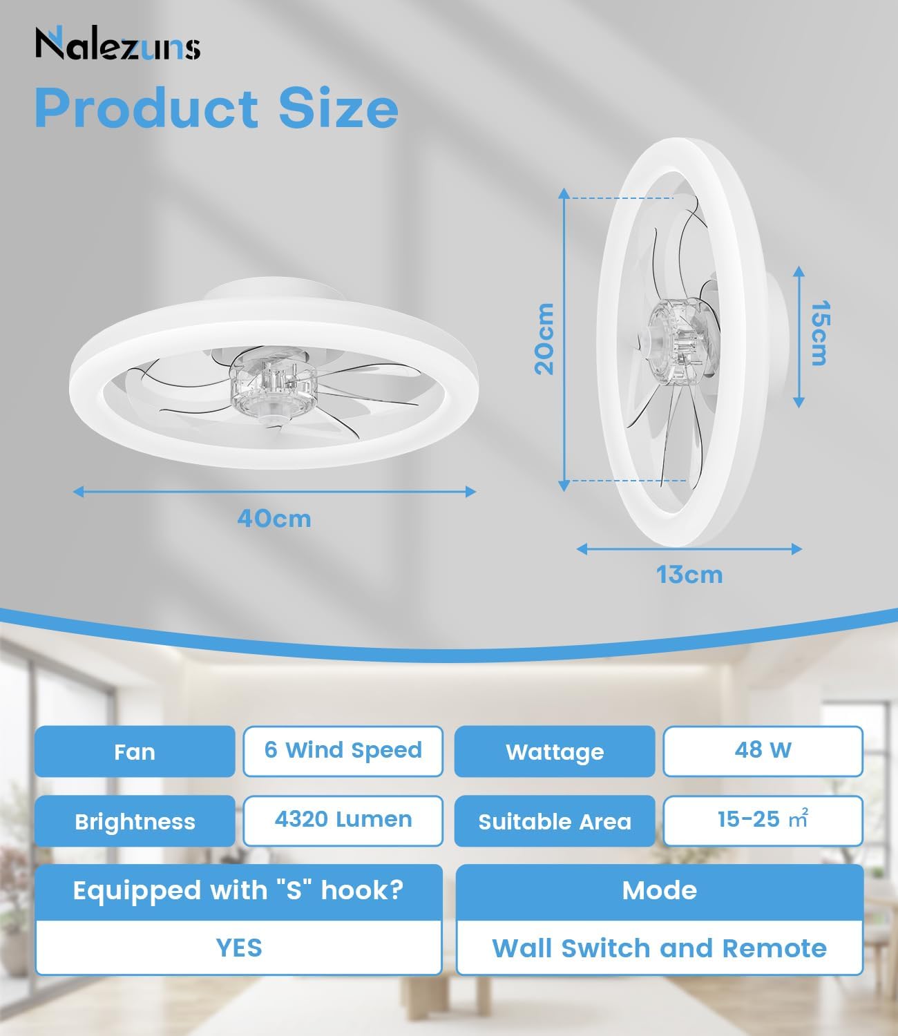 Thumbnail 2 de Nalezuns Deckenventilator mit Beleuchtung (40 cm) – LED dimmbar, App & Fernbedienung, 6 Geschwindigkeiten, Timer