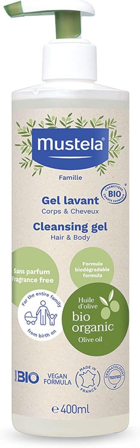 Detalle de Mustela Gel Detergente Bio Vegano con Olio di Oliva, Aloe e Glicerina – Detersione delicata per neonati e tutta la famiglia