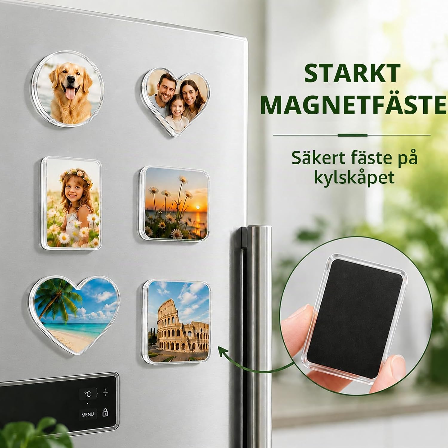 Detalle de Brizuf R-25 fotomagnetset, 25 delar med klar akryl och självhäftande magnetbaksida