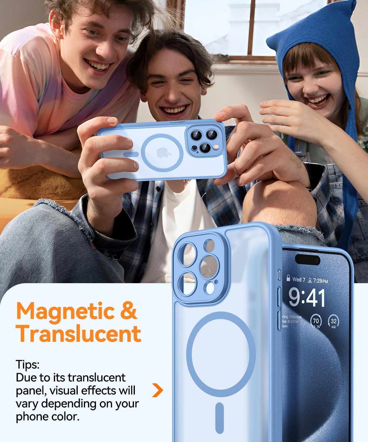 Thumbnail 2 de Coque magnétique CANSHN pour iPhone 15 Pro 6,1 pouces compatible MagSafe – fond mat translucide bleu clair