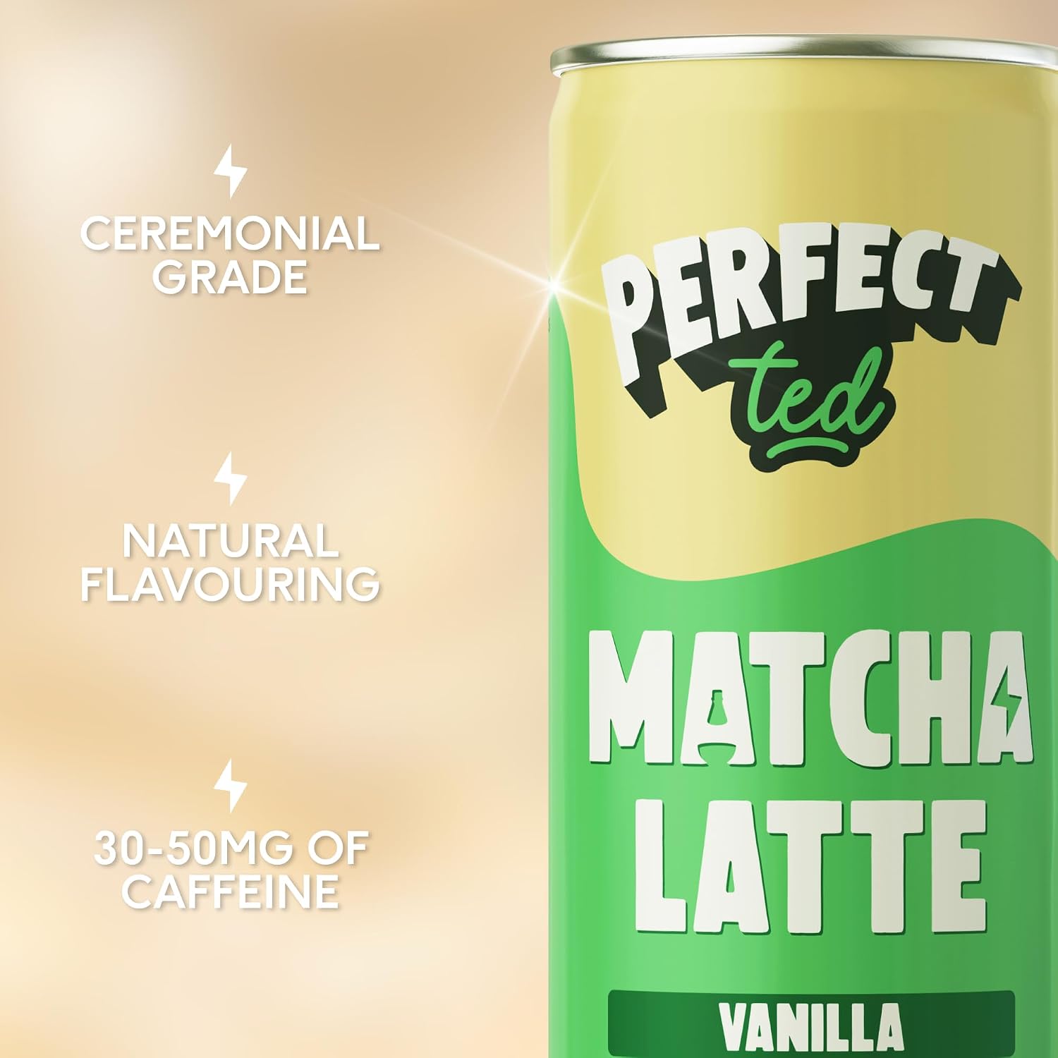 Detalle de PerfectTed Vanilla Matcha Latte RTD – Ceremonial Grade Matcha, 24 x 250ml, Dairy-Free & Gluten-Free