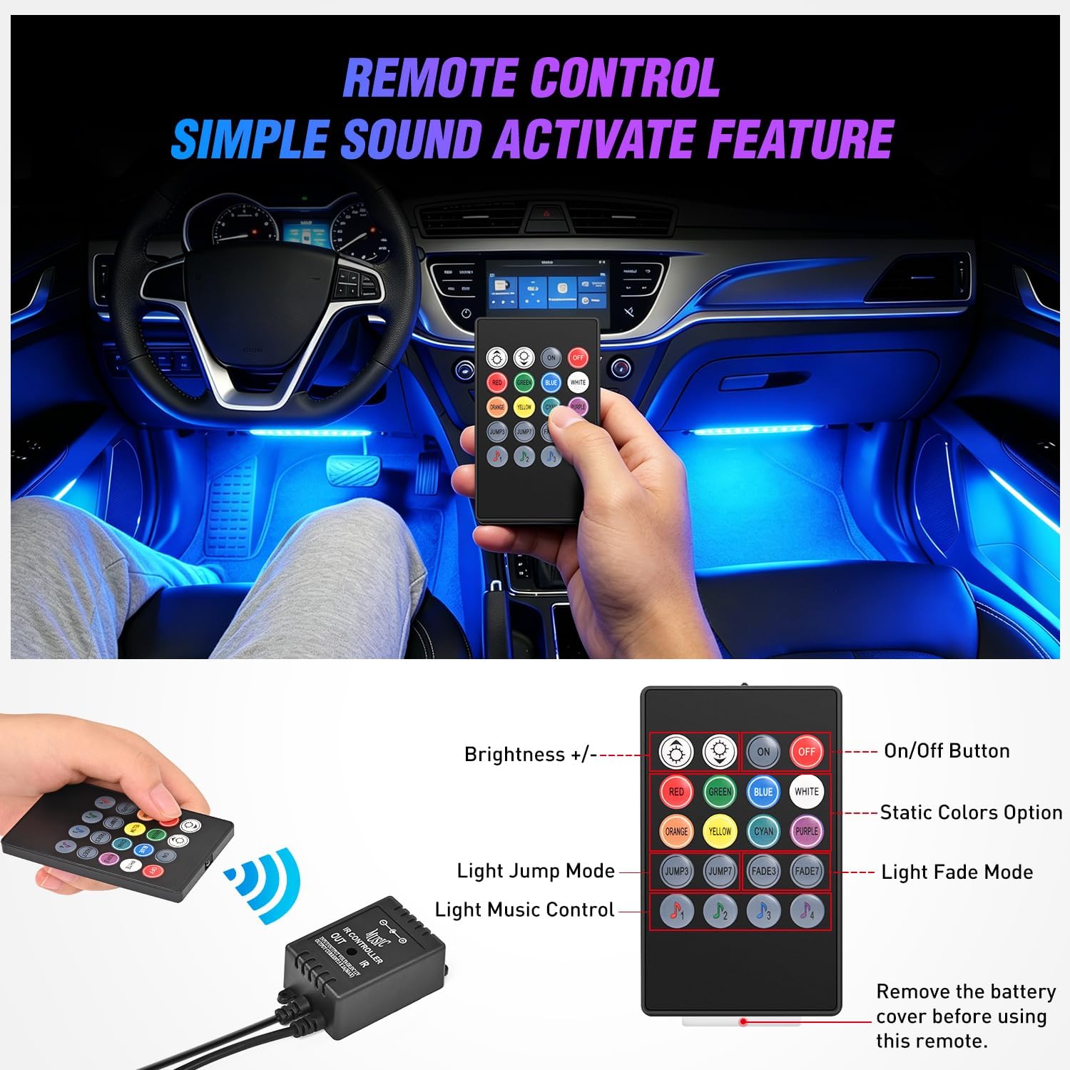 Detalle 2 de Nilight TR-06 4PCS 48 LED Interior Music Car Strip Lights (DC 12V) with Sound Active + Wireless Remote