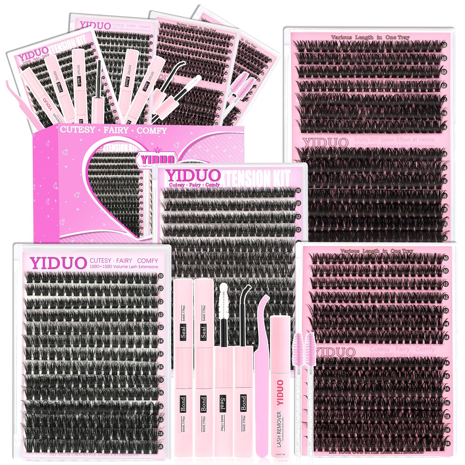 Detalle de YIDUO 4-Style Lash Cluster Kit, 1,078 Pieces, 10–18 mm, Bond and Seal