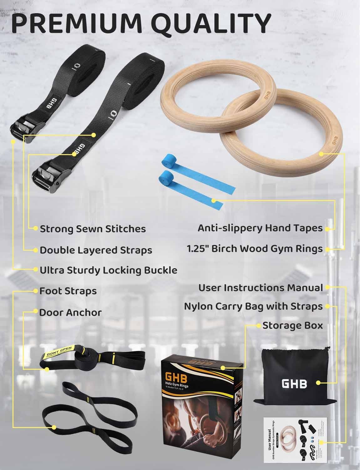 Detalle de GHB TPL-95 Wooden Gymnastic Rings, 1.25-Inch Birch Rings, Adjustable Straps
