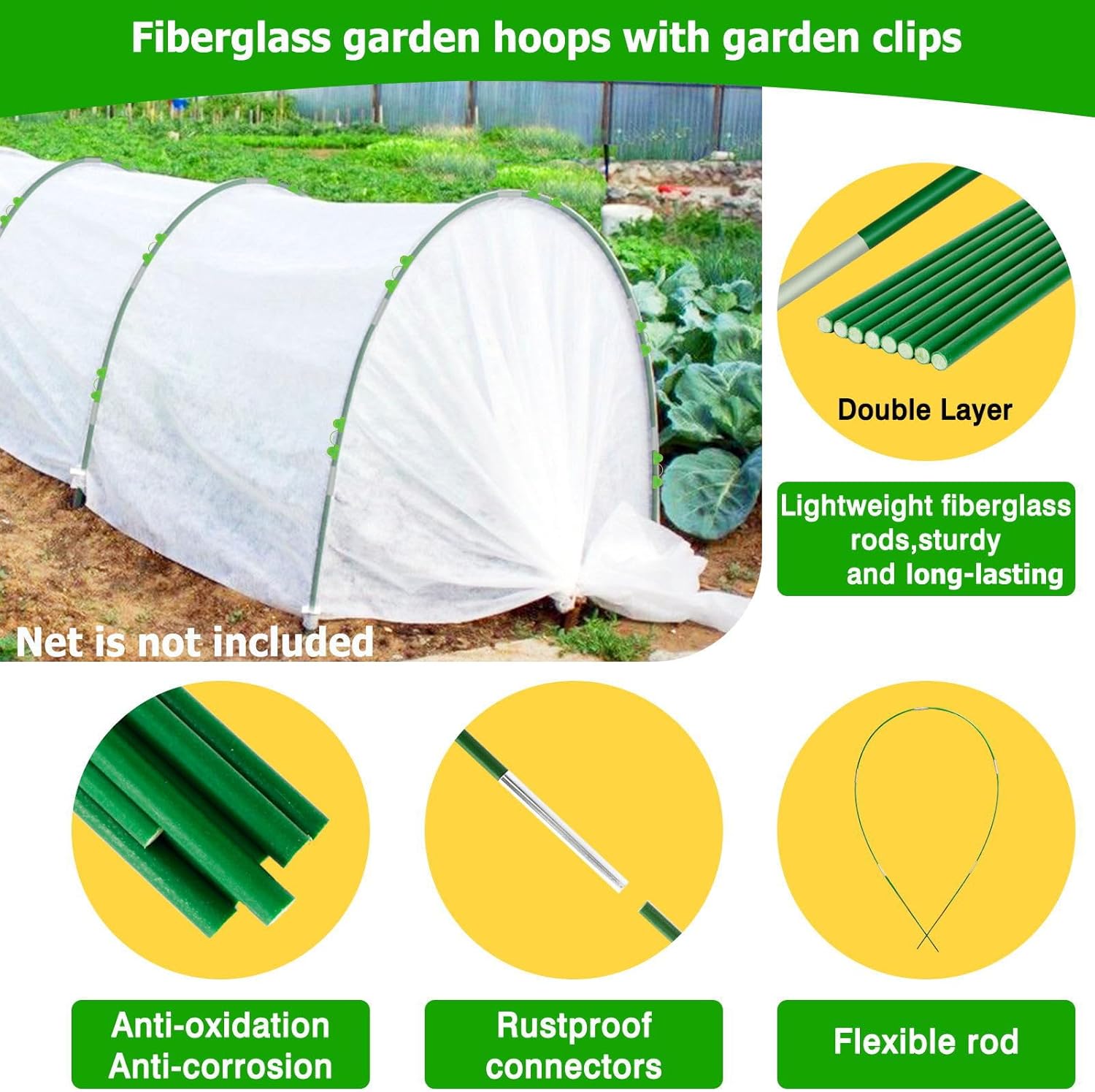 Thumbnail 2 de 60pcs Greenhouse Hoops for Raised Beds with 40 Clips and 2.4m Grow Tunnel Kit