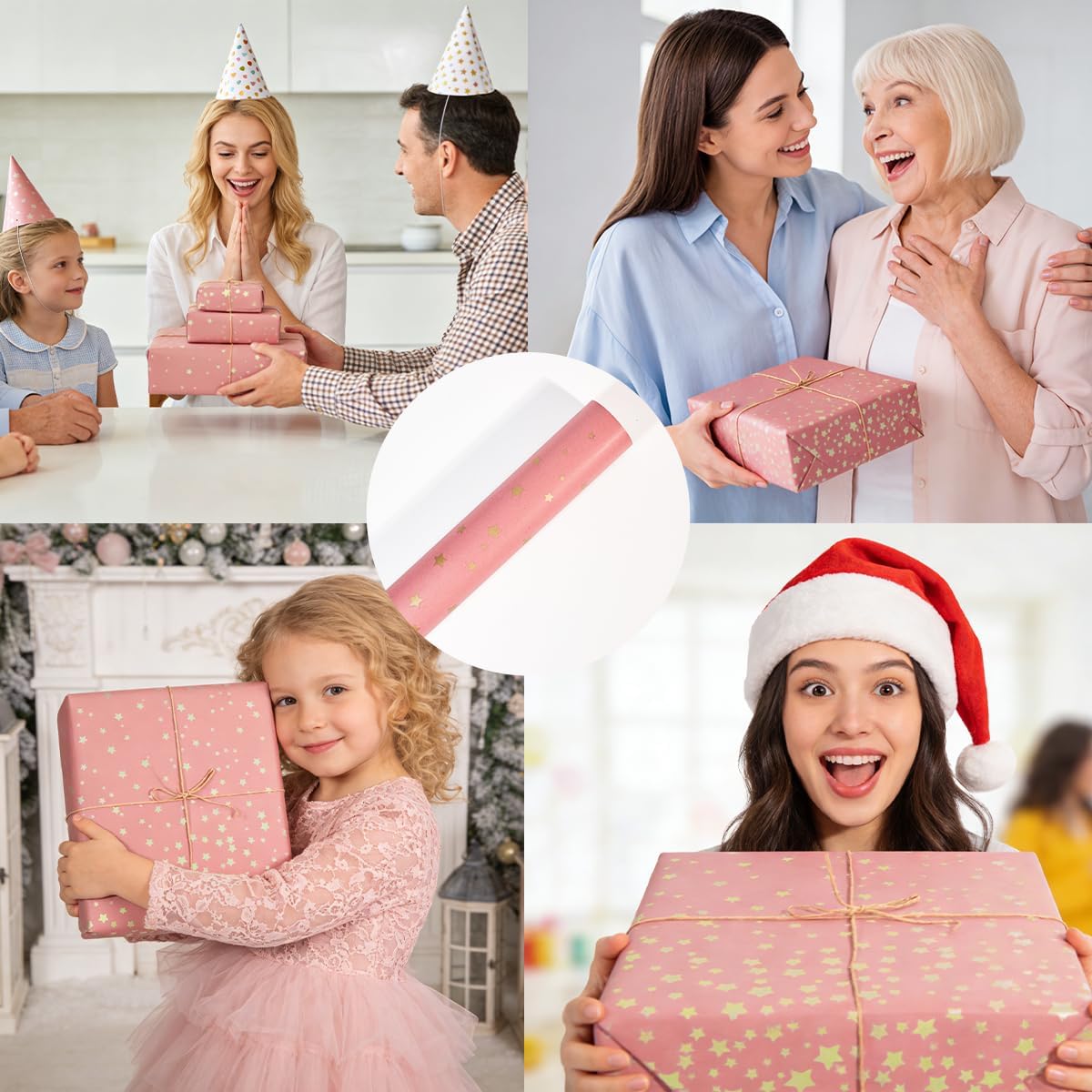 Thumbnail 6 de Birthday wrapping paper roll (43cm x 10m) pink kraft with gold stars