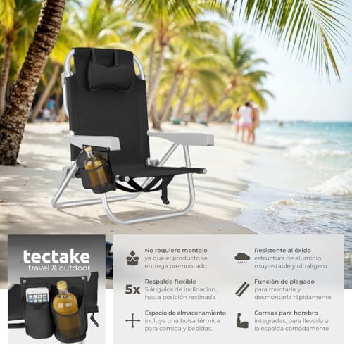 Detalle de tectake Silla Playa Plegable con Respaldo Ajustable - aluminio ligero, mochila integrada (negro)