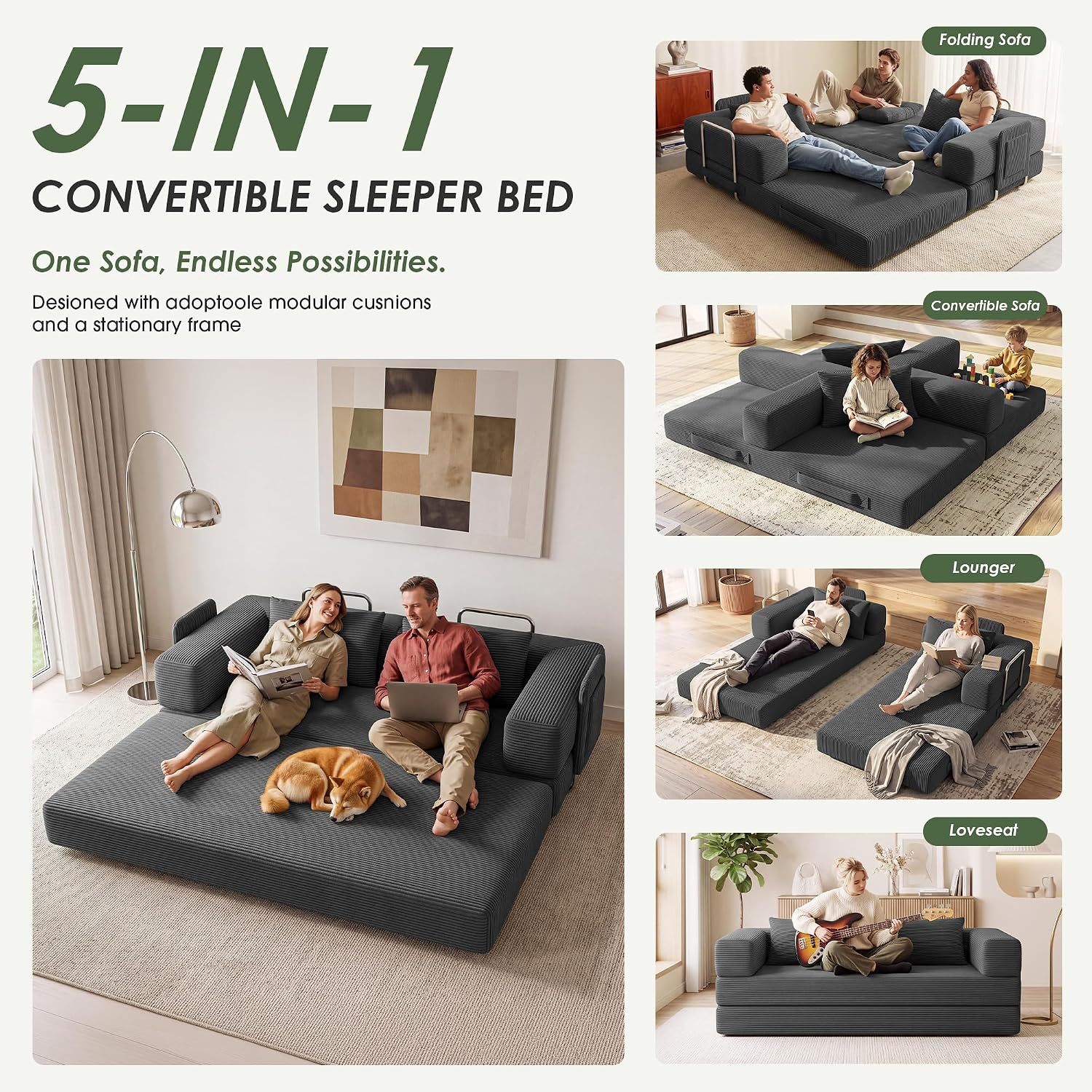 Detalle de GRUSIGN SF-CYL 78-Inch Convertible Futon Sofa Bed, Dark Gray Corduroy