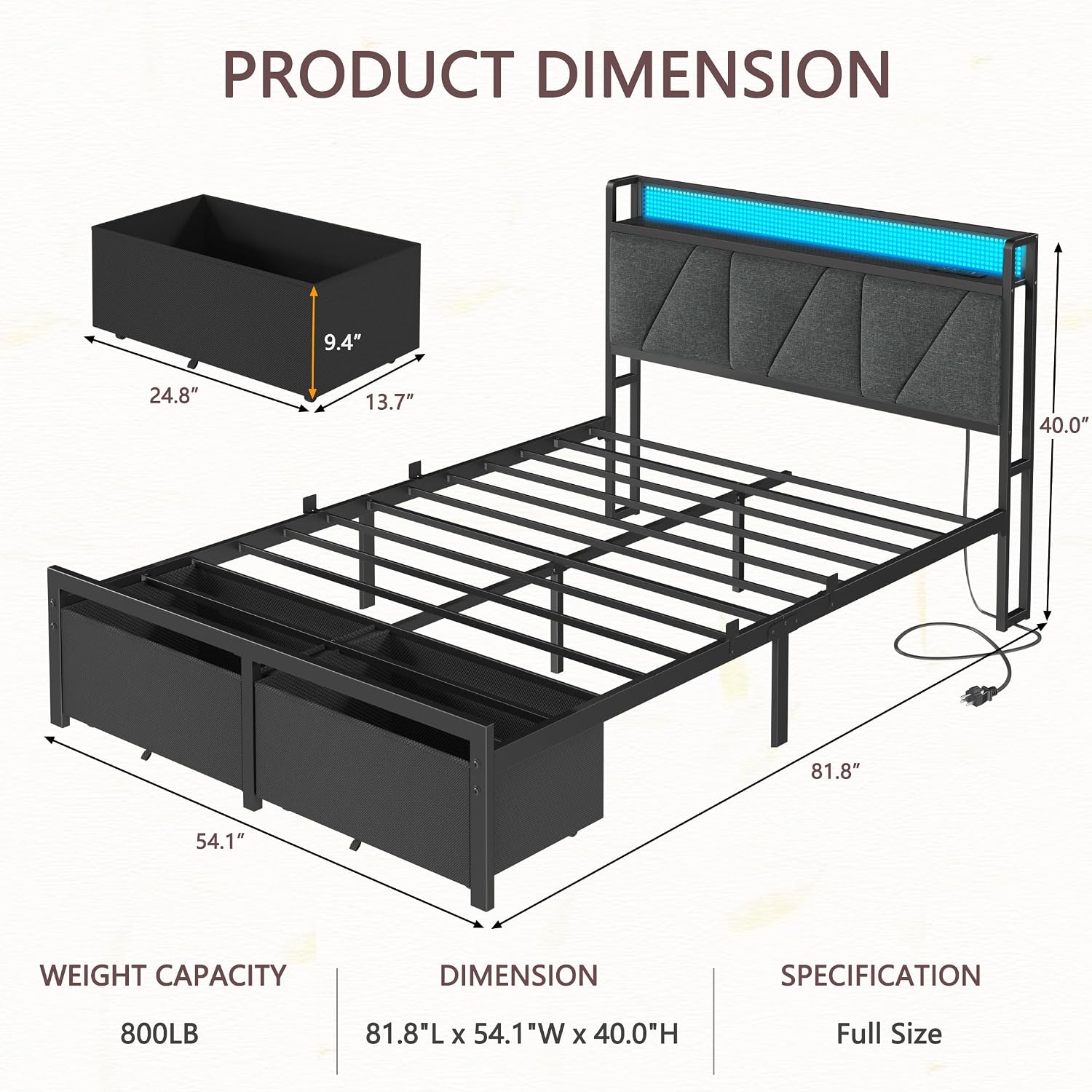 Detalle 2 de Furnulem Full Bed Frame with Upholstered Headboard