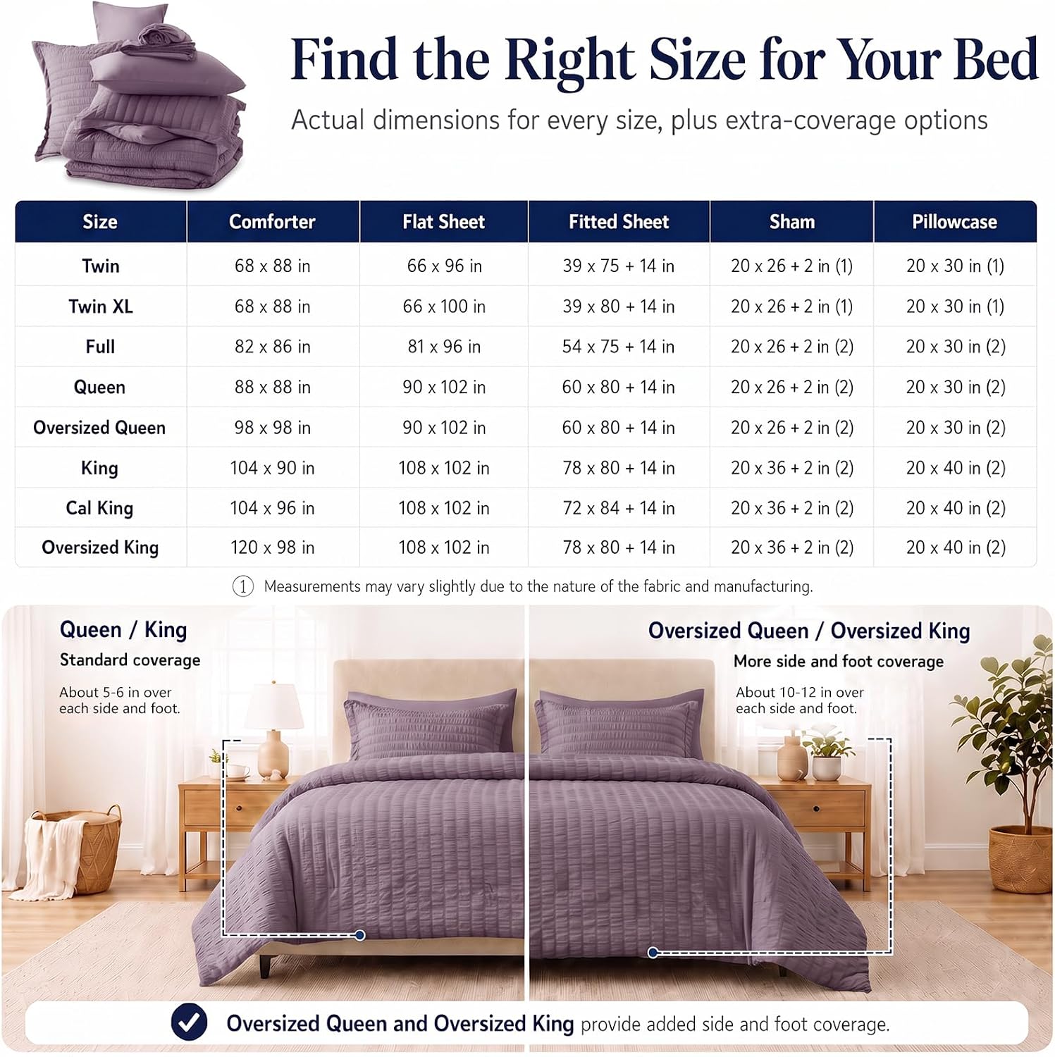 Thumbnail 6 de CozyLux Oversized King Comforter Set in Dusty Purple Seersucker (7-Piece Bed-in-a-Bag)