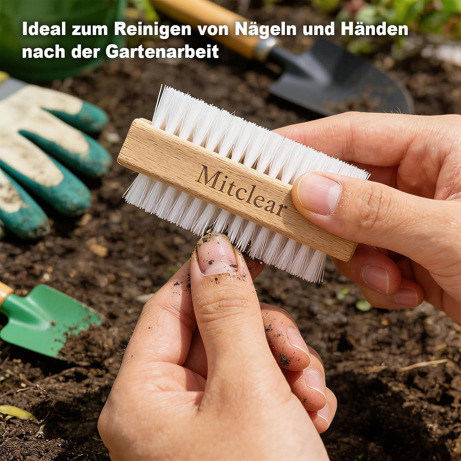 Detalle de Mitclear Nagelbürste Holz – 3er-Set, doppelseitig mit harten Borsten für Nägel, Hände und Füße