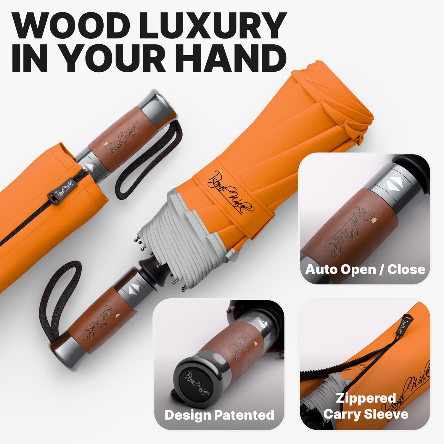 Thumbnail 2 de Royal Walk Windproof Folding Travel Umbrella with Real Wood Handle – Automatic, Vented Double Canopy, Orange