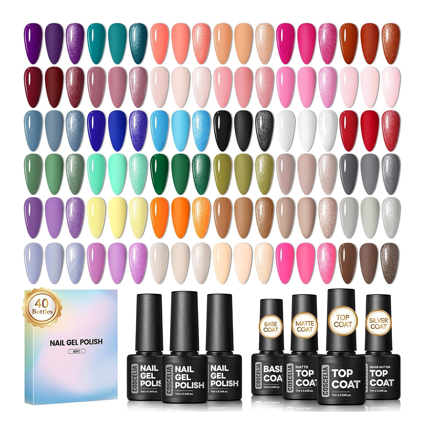 Detalle de COSCELIA 40PCS Gel Nail Polish Set (36 Colors + Glossy/Matt/Silver Top/Base) for at-Home Spring & Summer Manicures