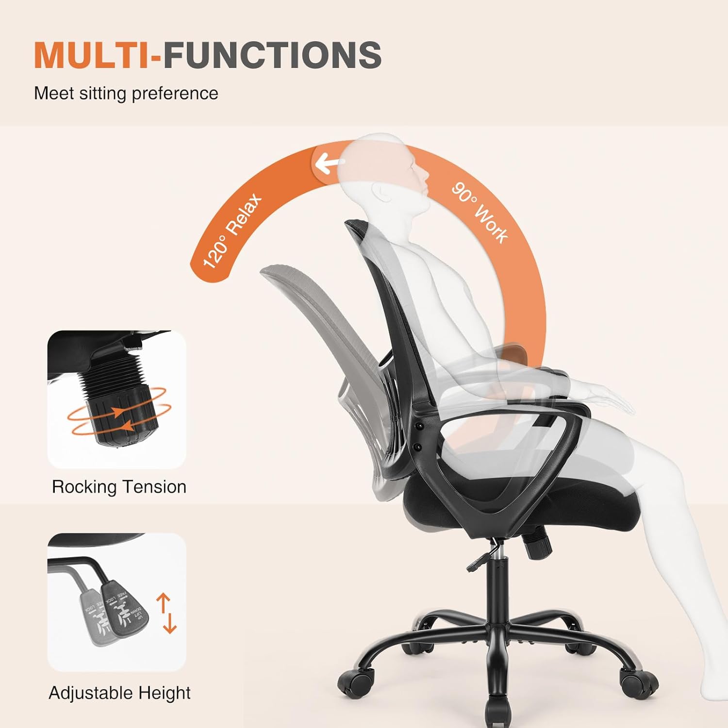 Thumbnail 3 de Sweetcrispy Home Office Managerial Executive Chair with Ergonomic Design – Mid-Back Mesh, 360° Swivel, Lumbar Support, Black