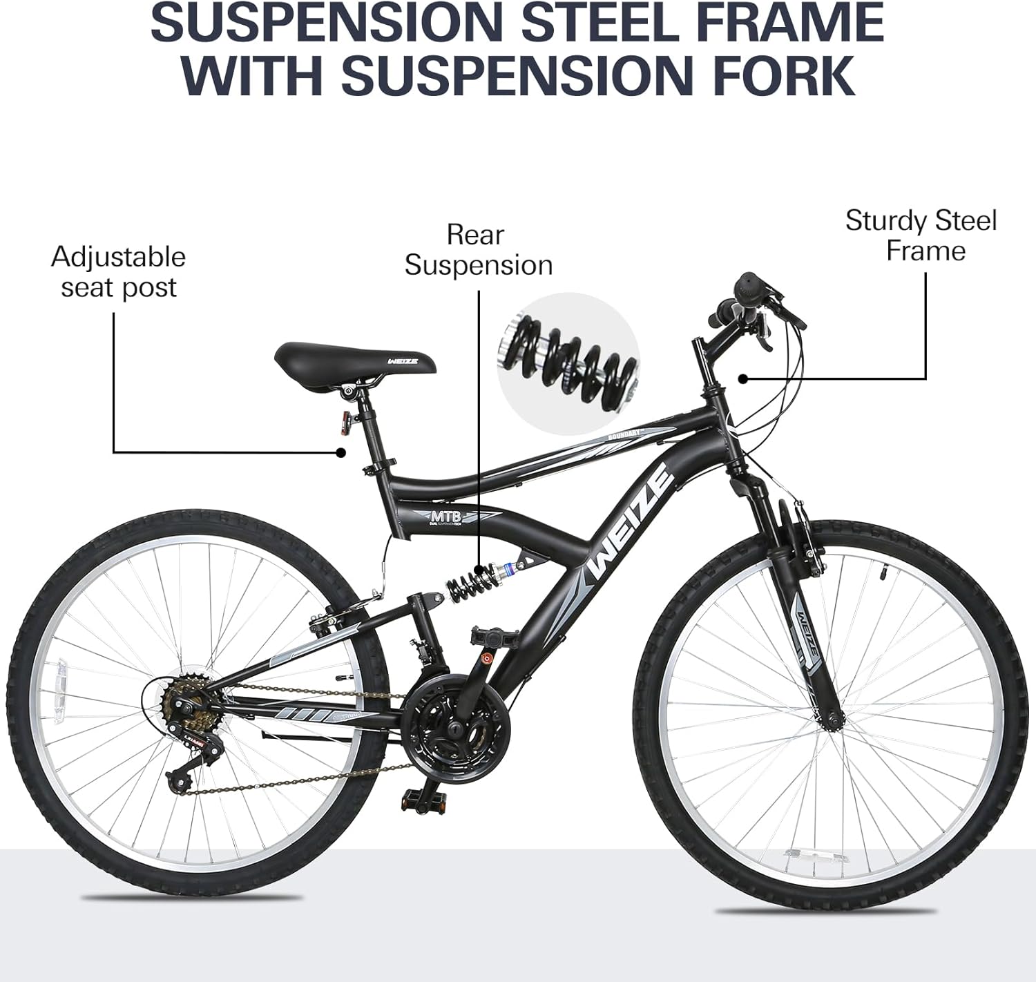 Detalle 2 de WEIZE Shocker 26-Inch Dual-Suspension Mountain Bike, 18-Speed Steel Frame