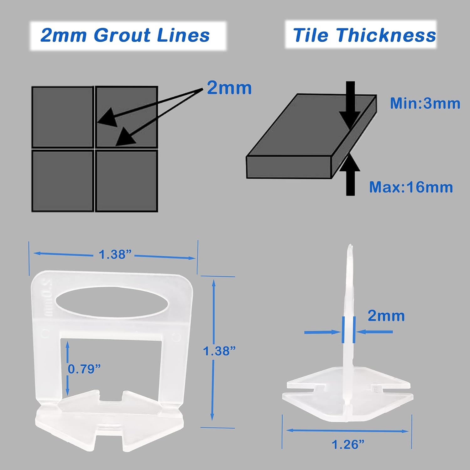 Thumbnail 1 de Tile Leveling System 2mm 200pcs QTACIE for Ceramic & Stone Installation (2mm tile spacers and clips)