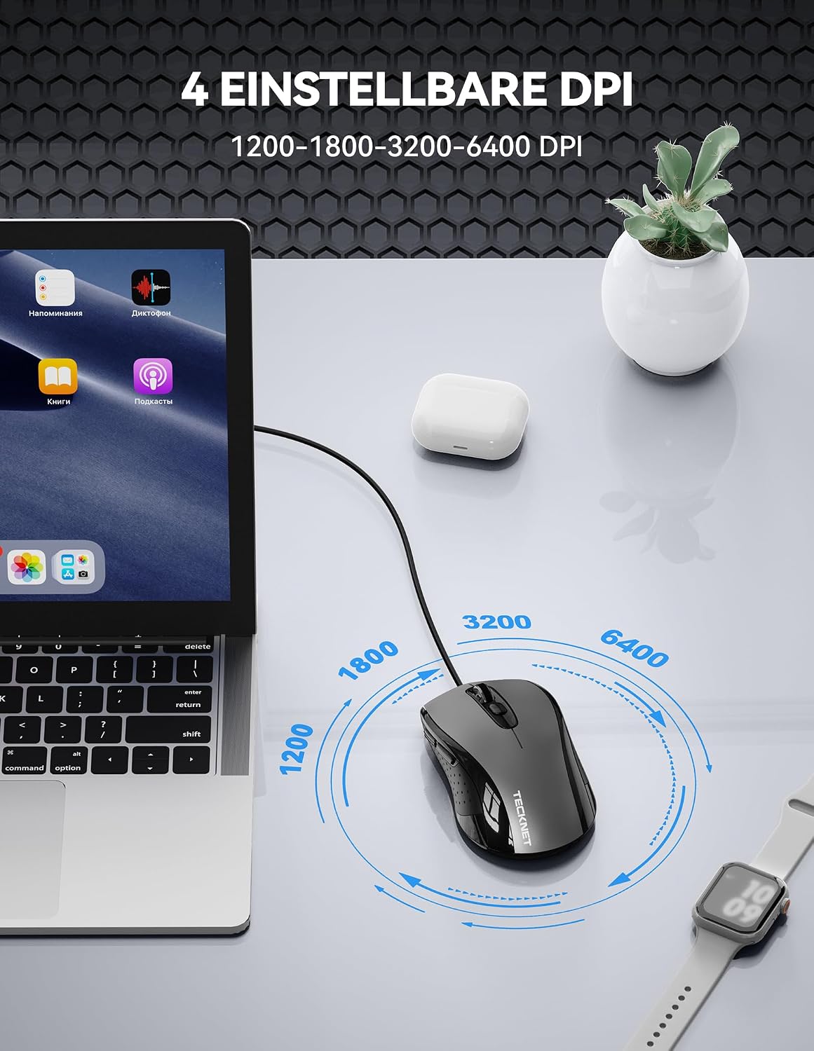 Detalle de TECKNET Maus mit Kabel (6400 DPI) – ergonomische Business-Optik mit 6 Tasten, 4 DPI-Level und USB-Plug&Play (Grau)