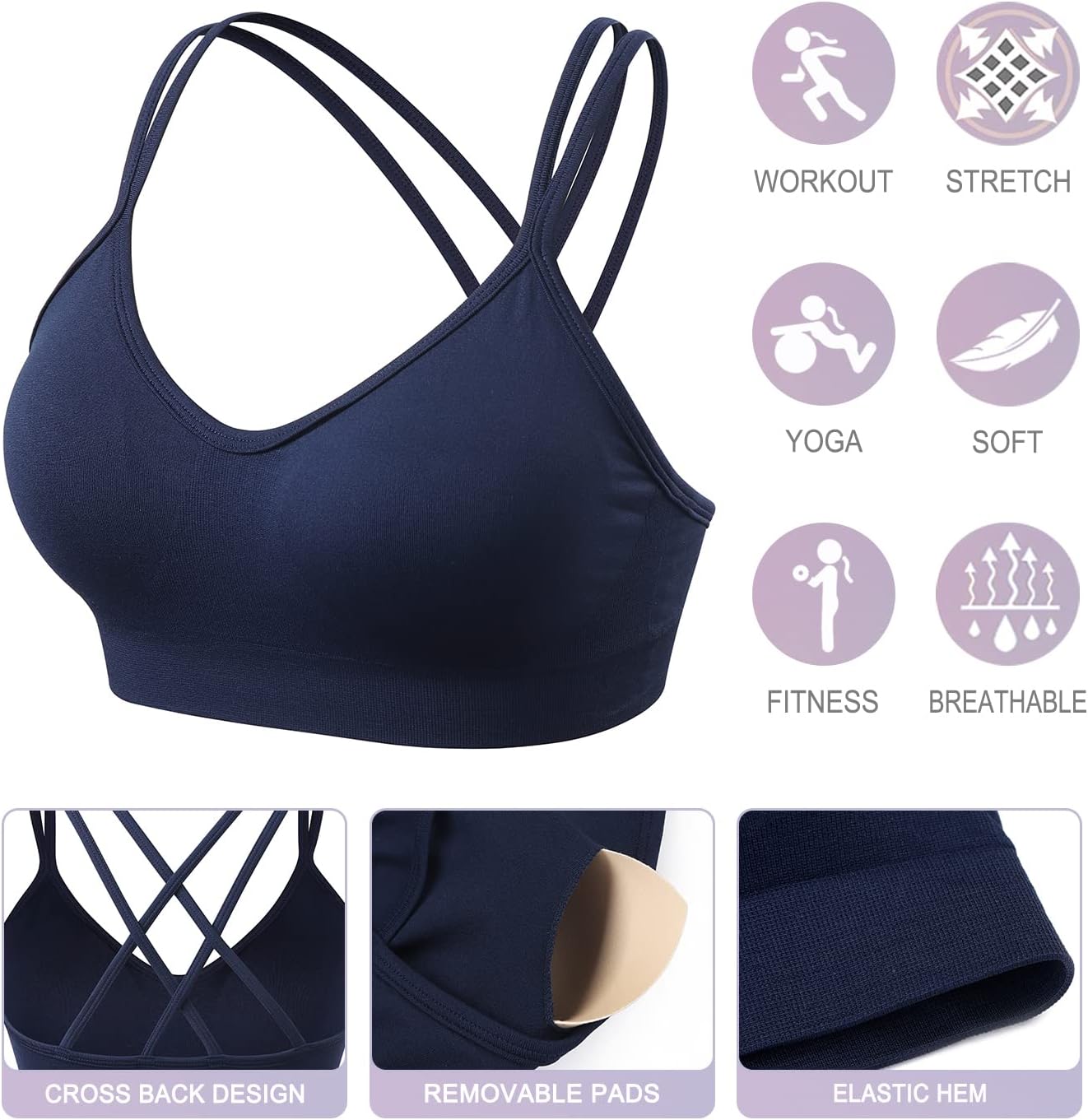 Detalle de VEQKING Women's Cross Back Padded Strappy Medium Support Sports Bra (3 Pack)